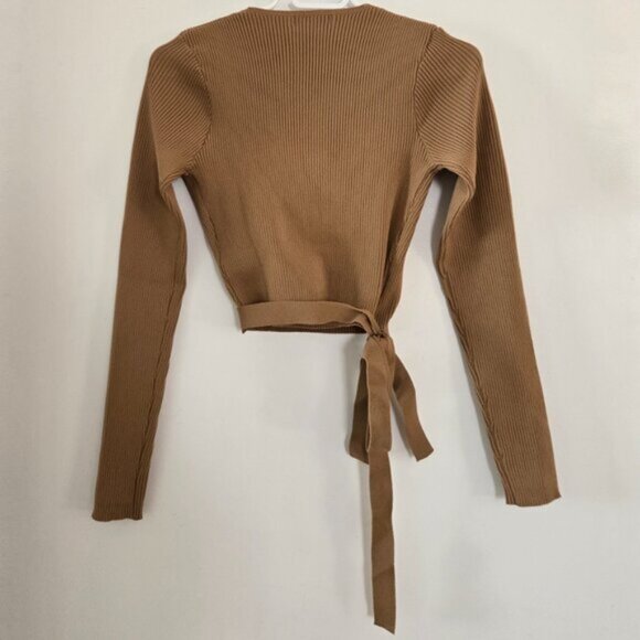 Missguided Brown Ribbed Wrap V neck Top Long Sleeve Size Small b26e - Picture 4 of 6